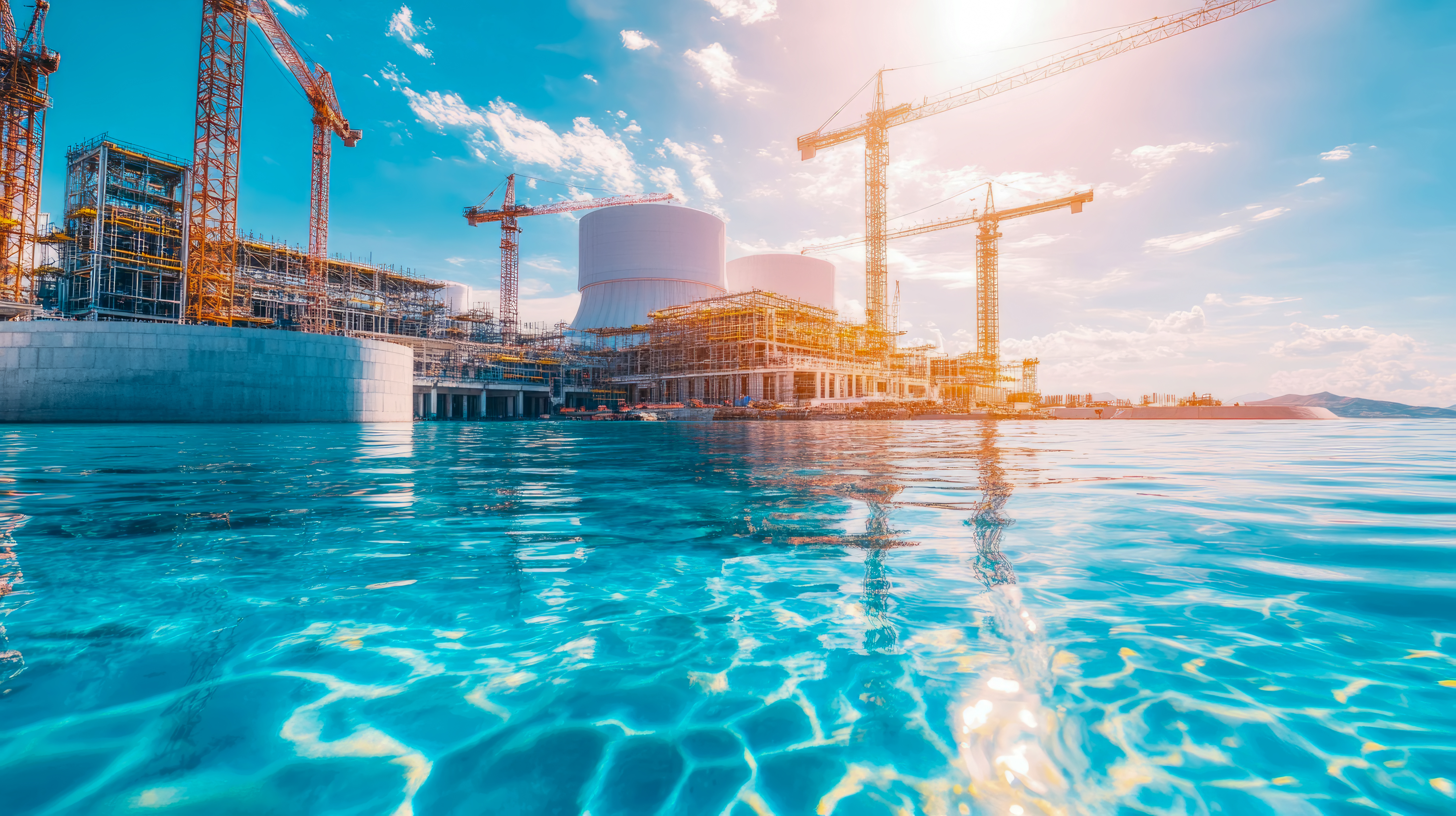 Construction of a nuclear power plant on the water's edge at sunset